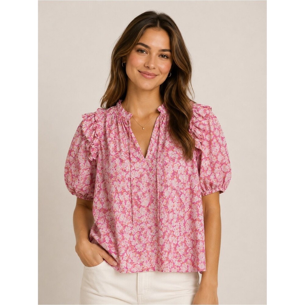 Avara Ruffle Puff Sleeve Floral Print blouse Top Pink XL